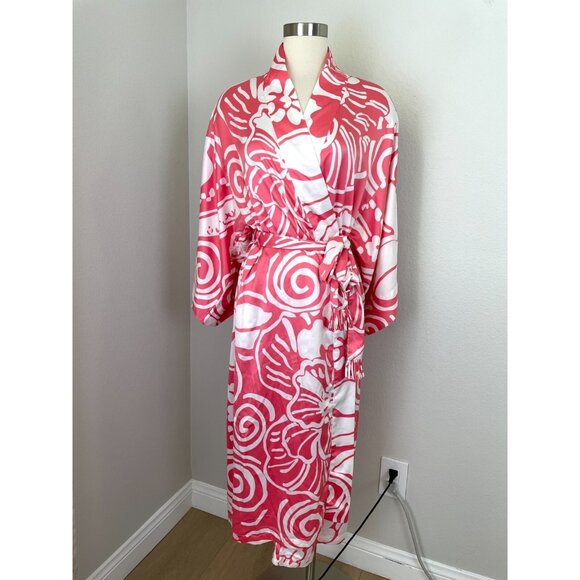 NATORI Womens XS Pink White 3/4 Sleeve Kimono Sleeve Satin Robe Midi Lounge - Picture 1 of 11